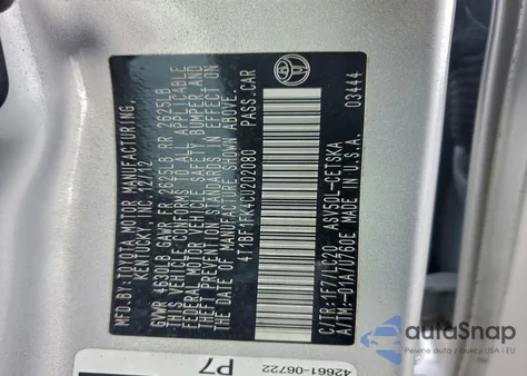 2012 Toyota Camry Base from USA, damaged, VIN 4T1BF1FK4CU202080